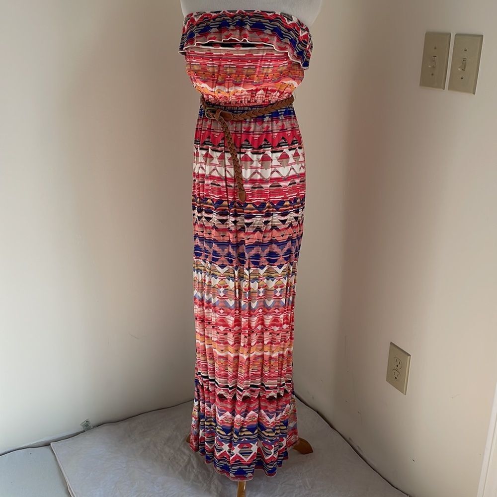 Maxi dress multicolored Aztec print with adjustable brown leather belt small